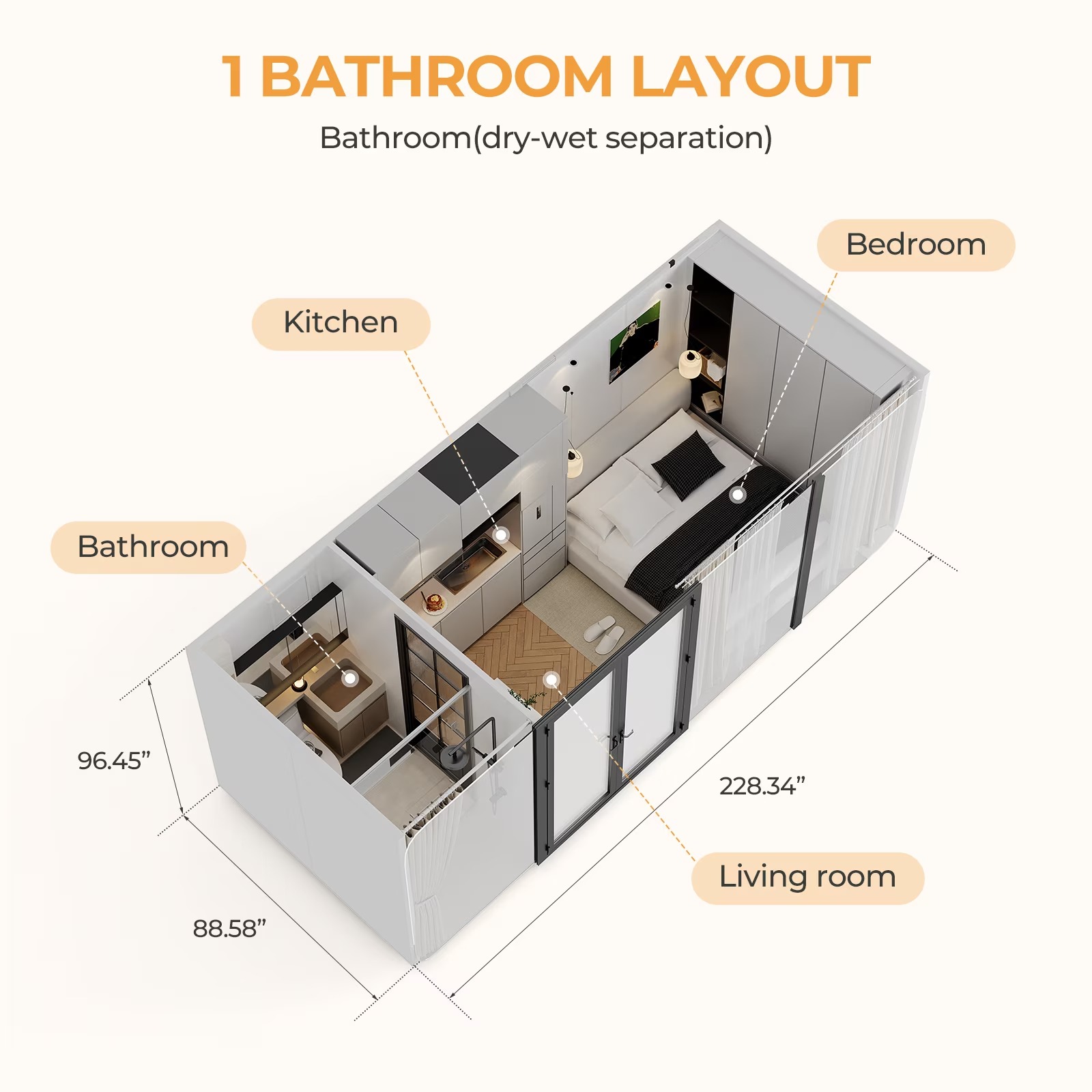 WalkMax Luxury Modern Prefab Cabin - 19ft Mobile Capsule with Bedroom, Kitchen and Bathroom, Storm Resistant prefab Cabin -16 Typhoon and 12 Earthquake Proof Mobile Cabin for Travel and Outdoor Living - Image 8